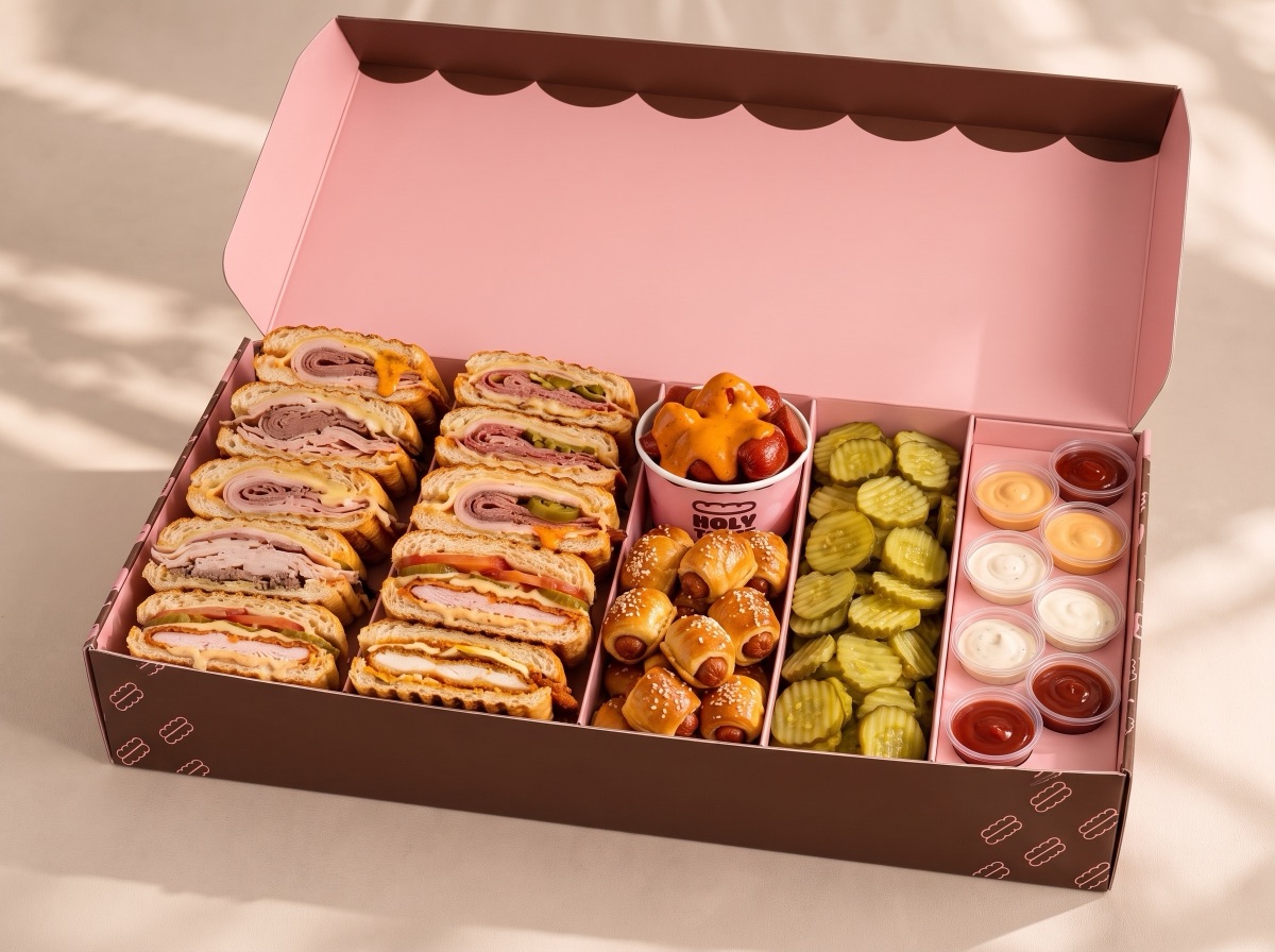 Holy Box for 8 — pressed toasts, pretzel dogs, nishnush and sauces in the Holy Toast box